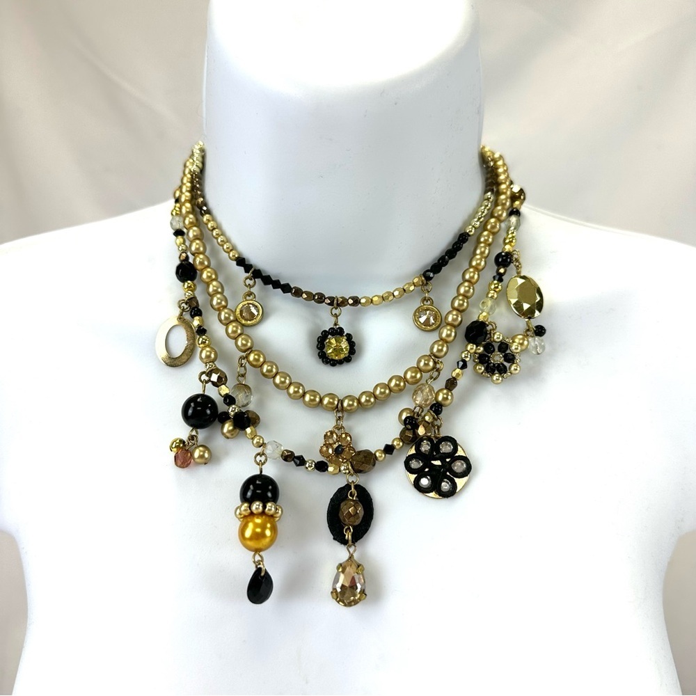 Moda International gold black triple strand charm necklace NEW Canadian Designer